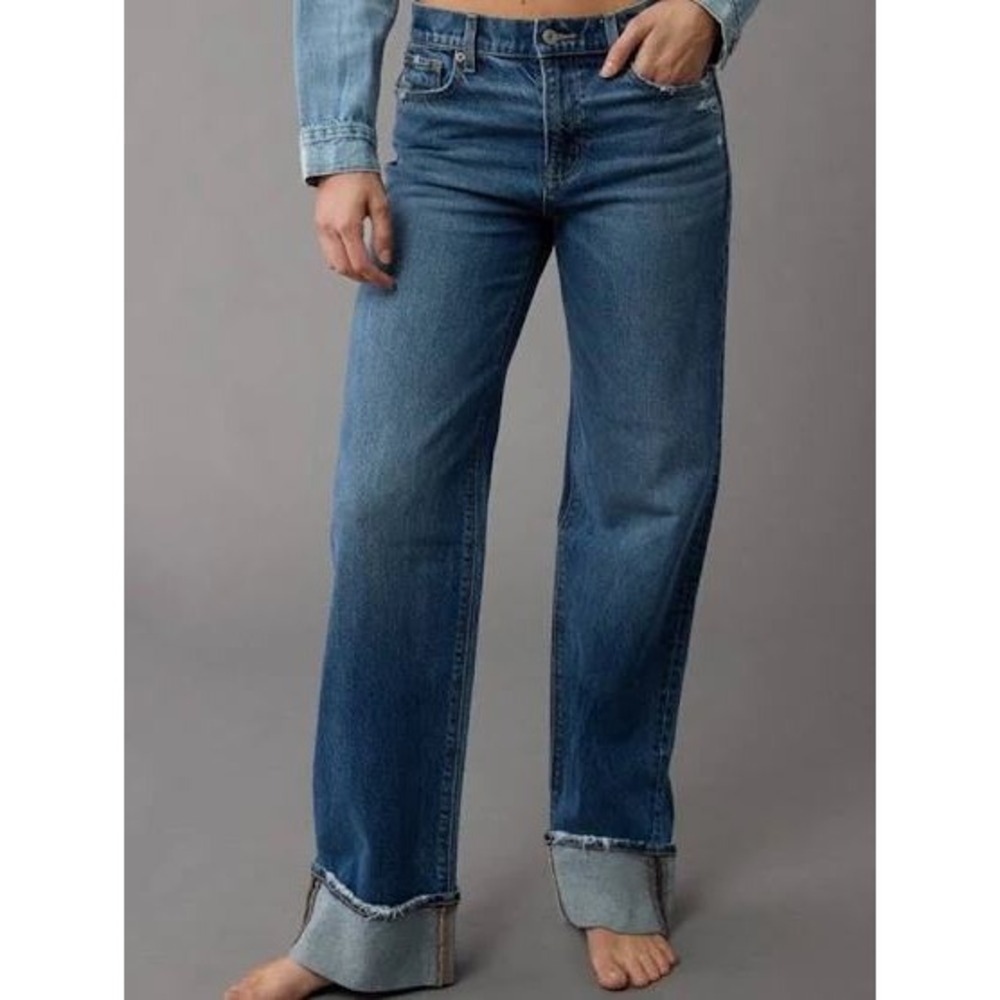 American Eagle Jeans Stovepipe 4 Long Blue High Rise Distressed Cuffed Stretch